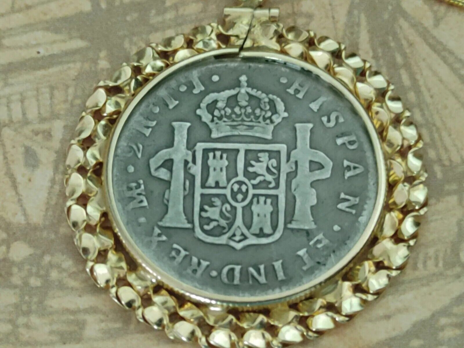  1792 Spanish Peruvia 2Reales Silver Coin Pendant & Gold Filled Chain w COA &Box