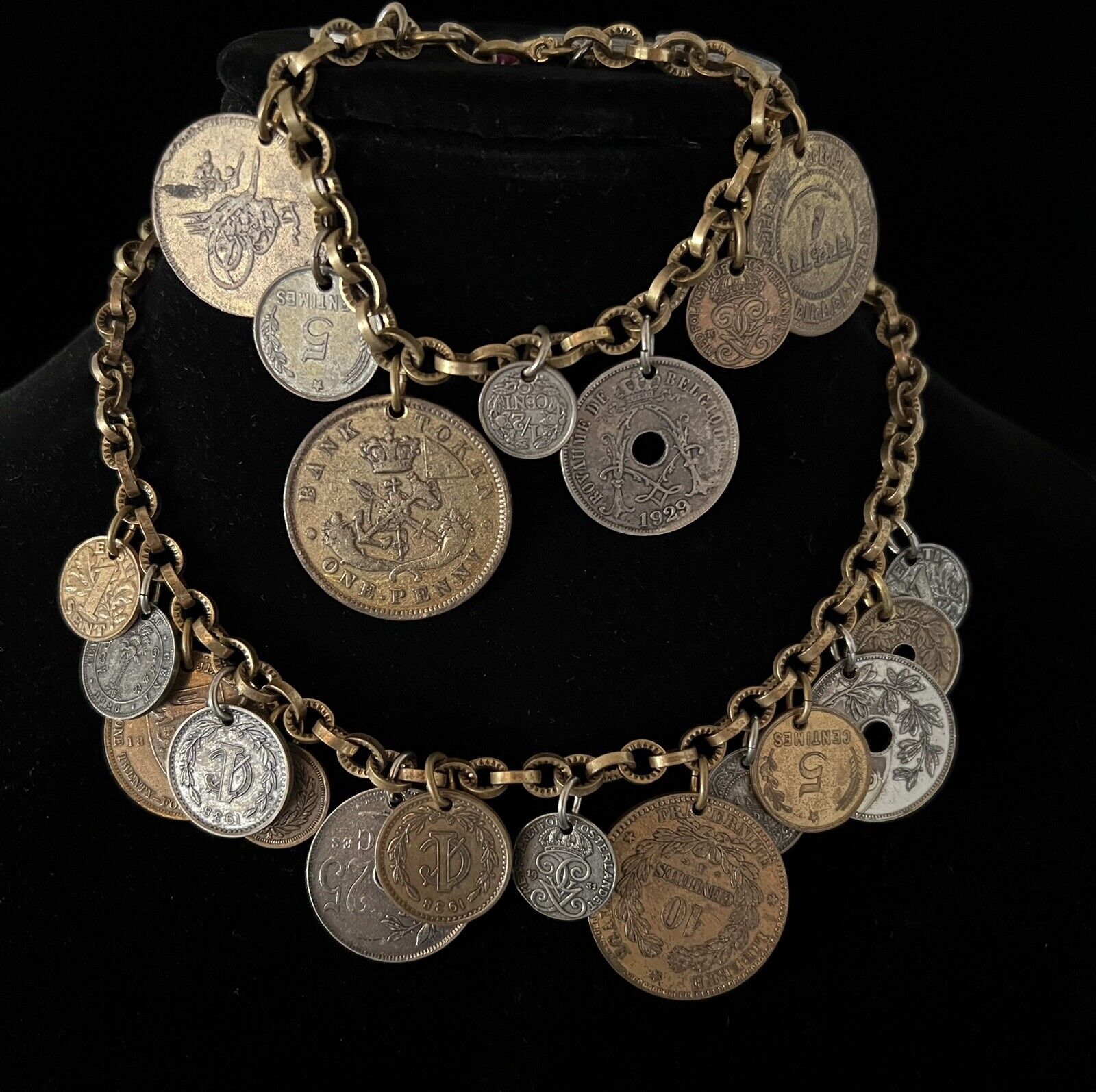 Vintage Monet Jewelers Coin Necklace & Bracelet Set Coins Late 1800s-Early 1900s