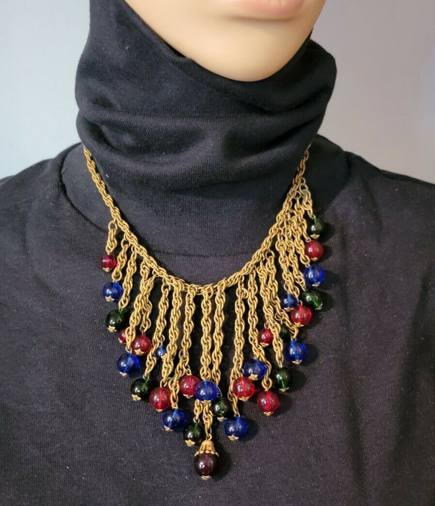 Stunning Victorian Glass Massive Bib Necklace,  1800s Rare Collectible, Colorful