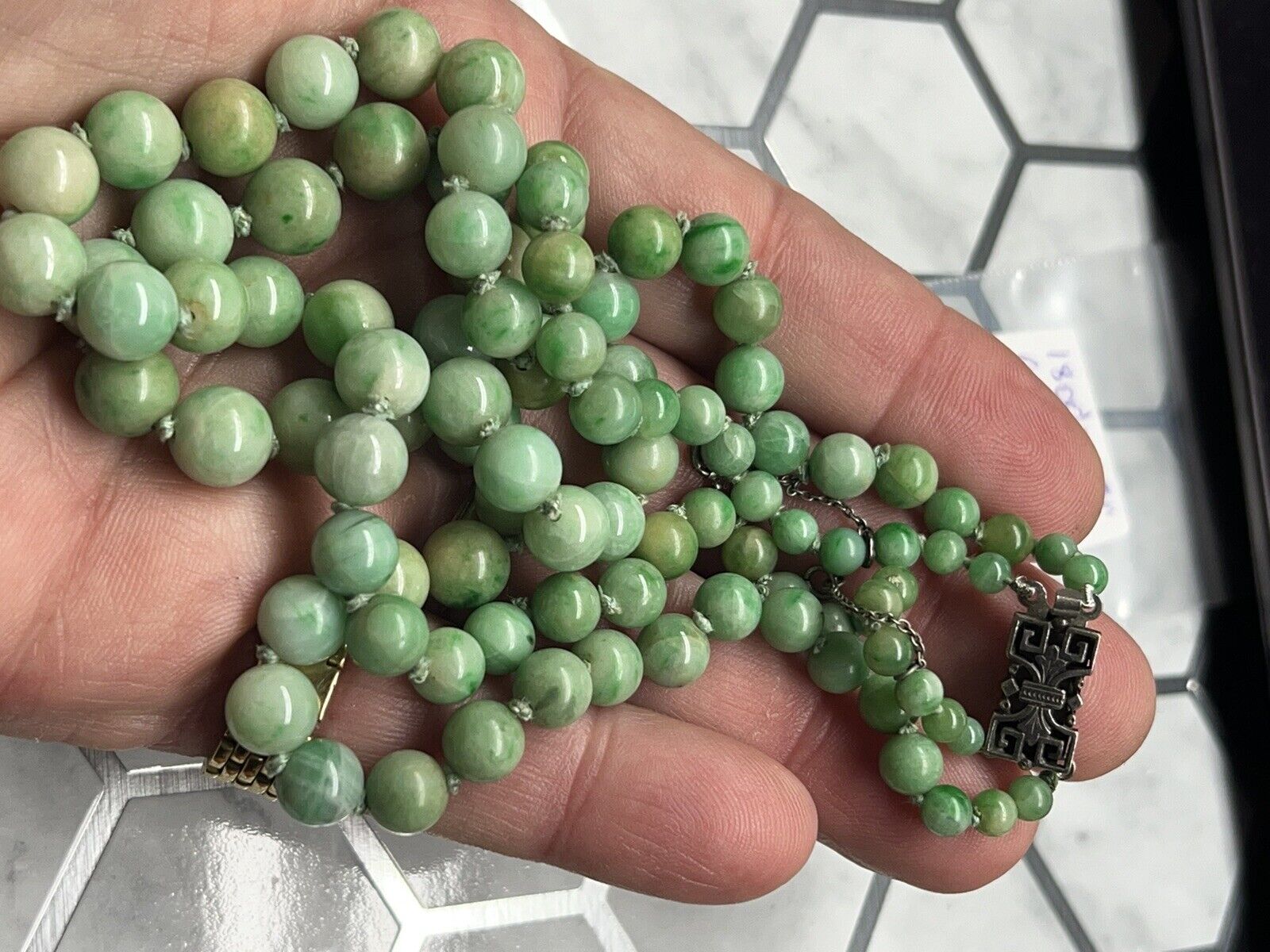 17 Inch 1800’s Applegreen Jadeite Graduated Double Strand Necklace 3.9 X 9.3 mm 