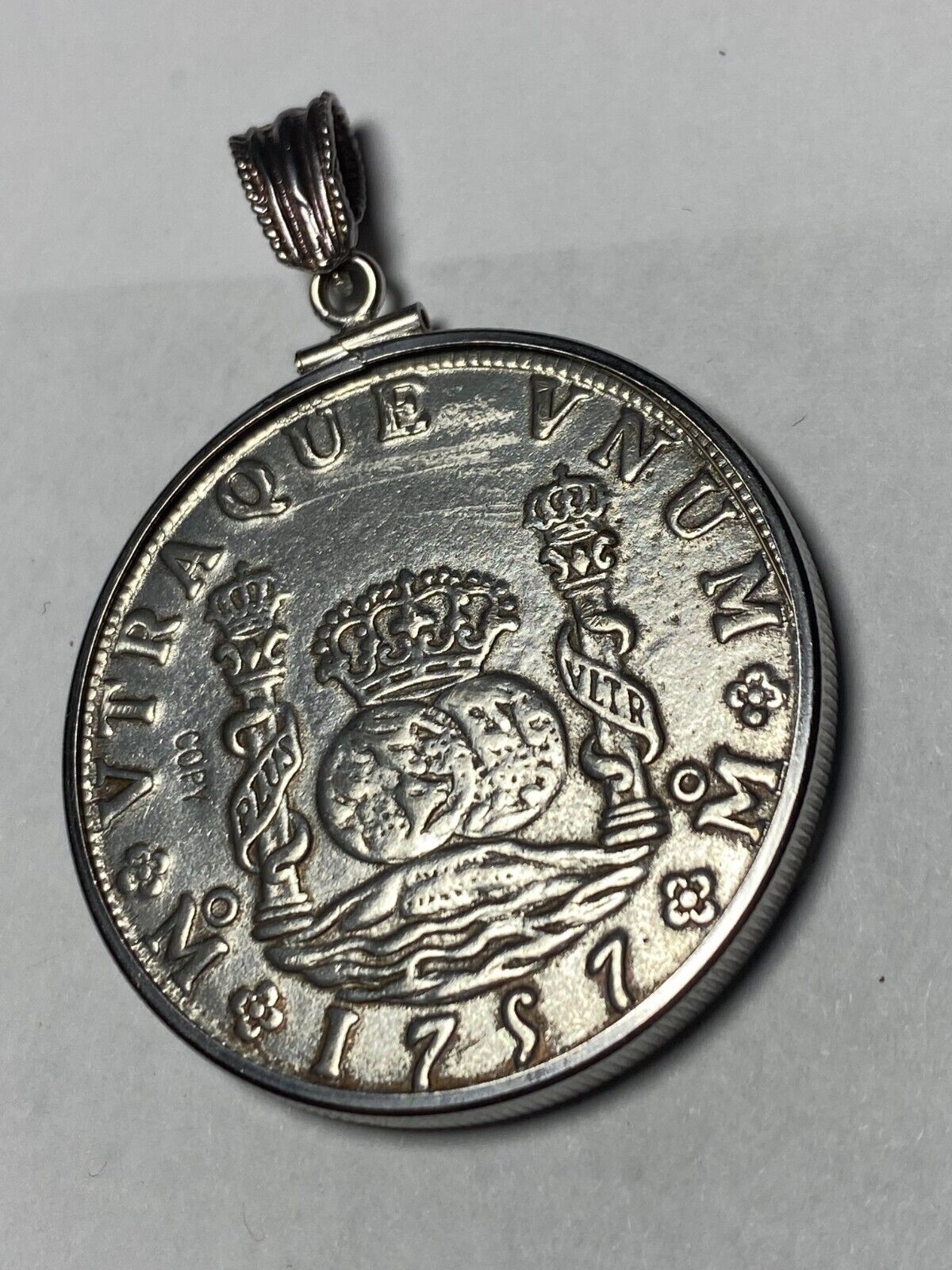 Cool Huge VTG Replica Coin 1700s Mexican Reale Pendant Set in Sterling Silver