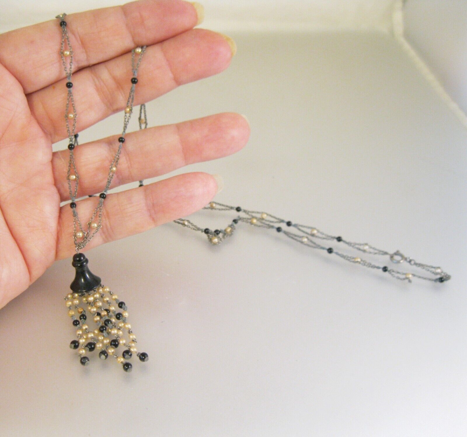 1800s Victorian Black Glass Sautoir Faux Seed Pearl Mourning Necklace w/Tassel