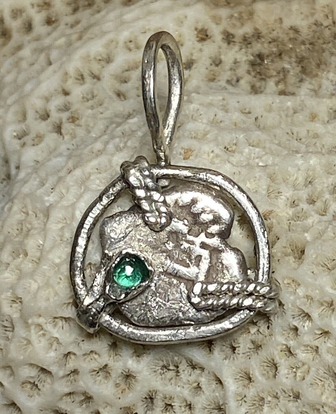 Authentic Spanish-Colonial 1/2-Real Silver Shipwreck Cob Coin Pendant w/ Emerald