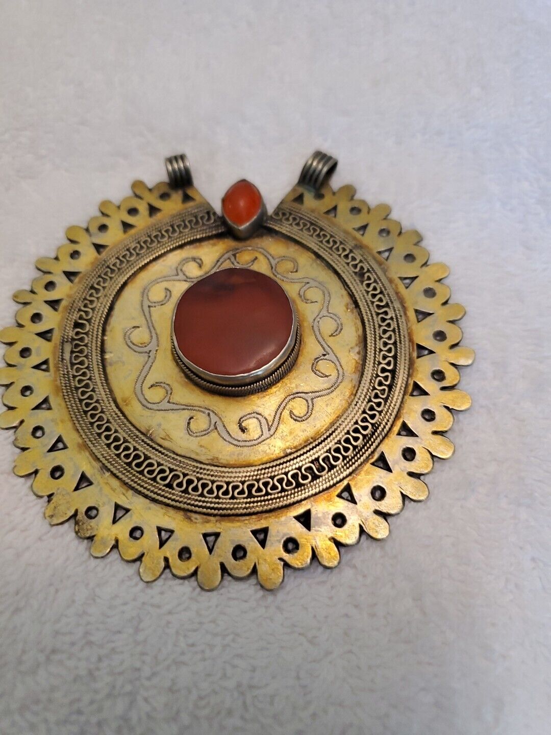 Ant 1800s Turkoman Agate Carnelian Silver Gold Wash Large Pendant Turkmen Tribal