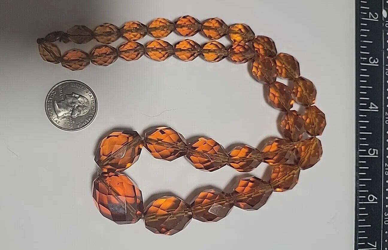 Antique 1800s Amber Czech Crystal 22" Beads Necklace Chunky Yet Elegant!