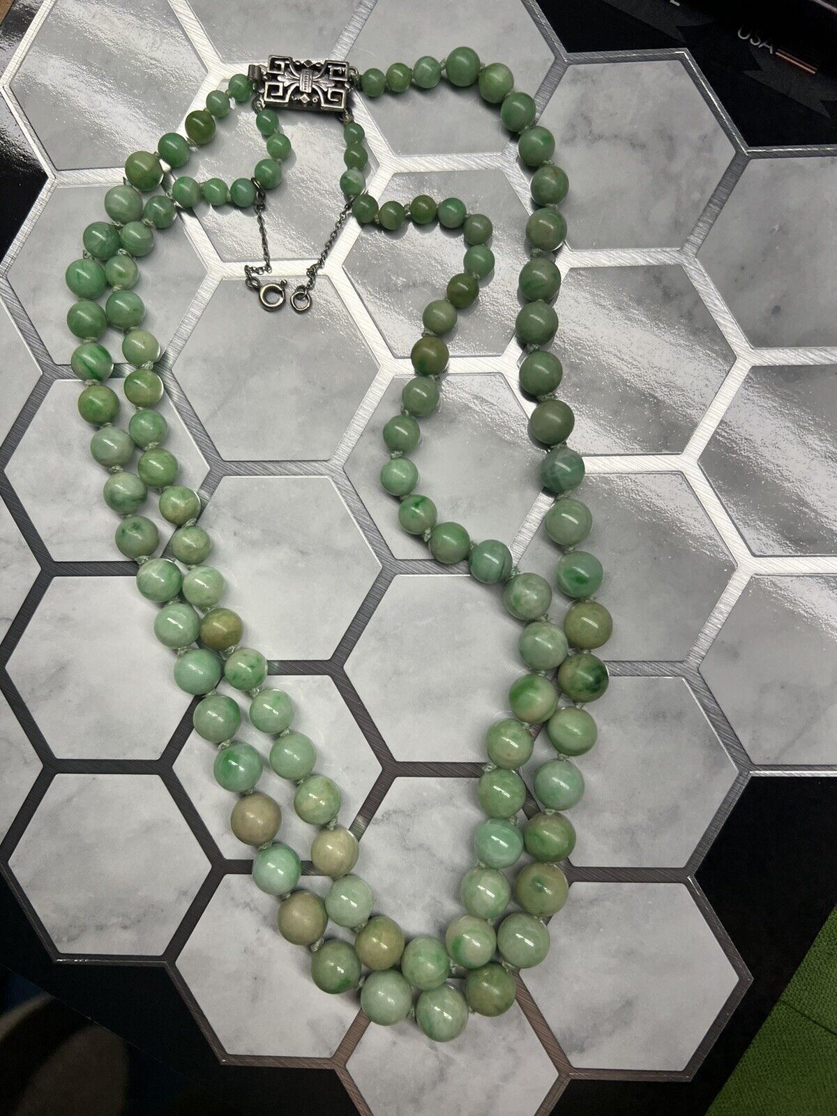 17 Inch 1800’s Applegreen Jadeite Graduated Double Strand Necklace 3.9 X 9.3 mm 