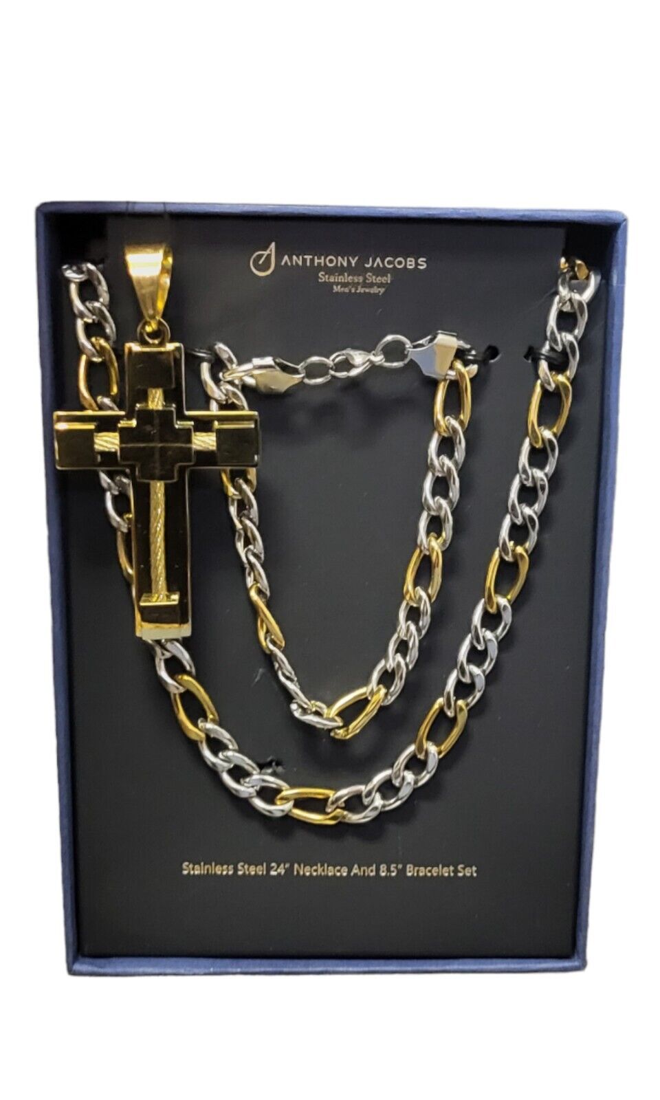 Anthony Jacobs Stainless Steel Men's Jewelry set "Bonus" with Gold Cross.  "NEW"