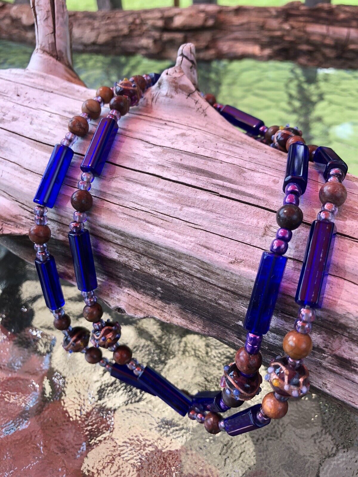 Vtg Art Glass Cobalt wedding cake Jasper Stone Necklace 1700s/1800s reenactment