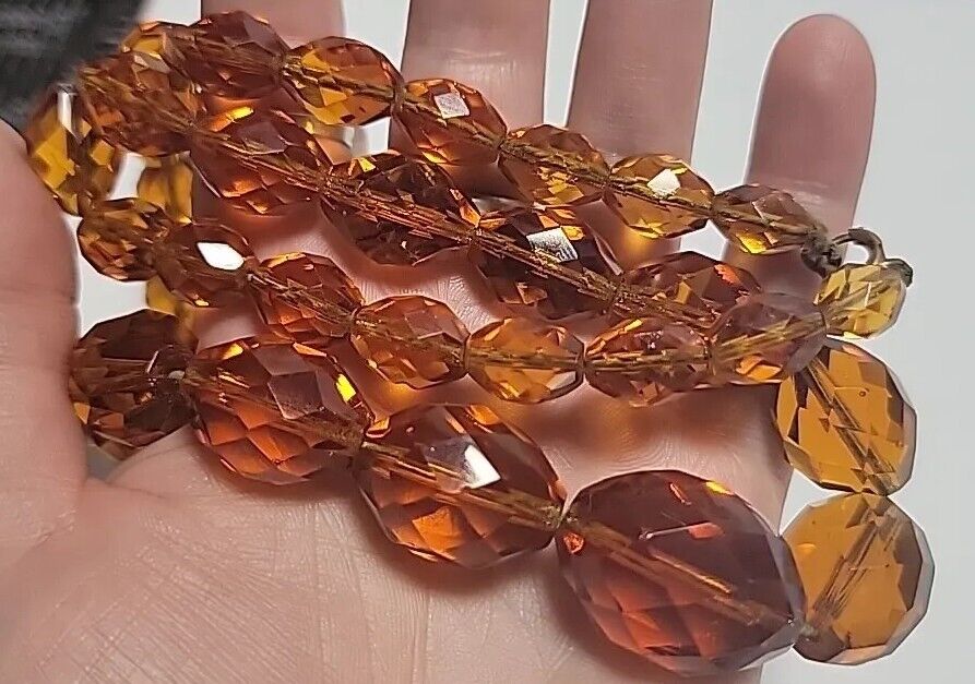 Antique 1800s Amber Czech Crystal 22" Beads Necklace Chunky Yet Elegant!