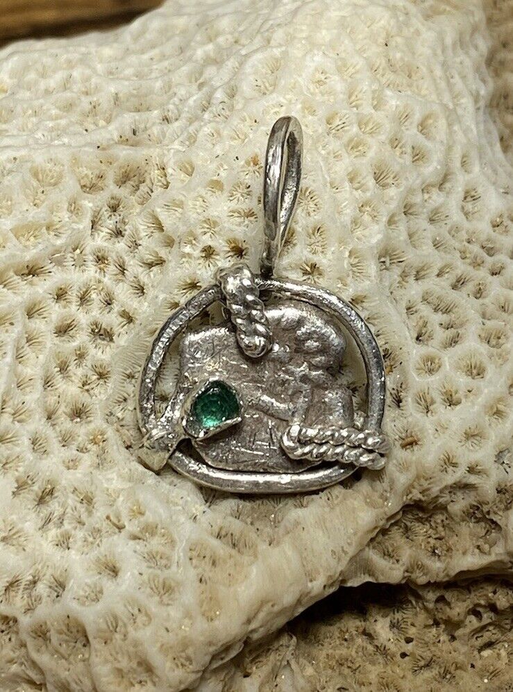 Authentic Spanish-Colonial 1/2-Real Silver Shipwreck Cob Coin Pendant w/ Emerald