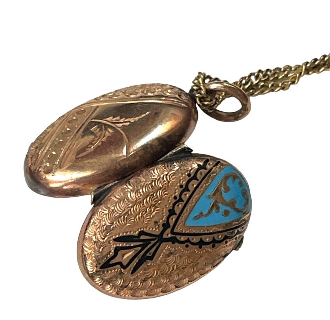 Antique Victorian 1800’s Taille D'epargne Photo Locket Enamel Necklace
