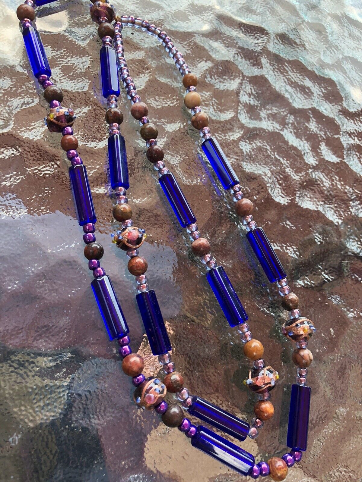 Vtg Art Glass Cobalt wedding cake Jasper Stone Necklace 1700s/1800s reenactment