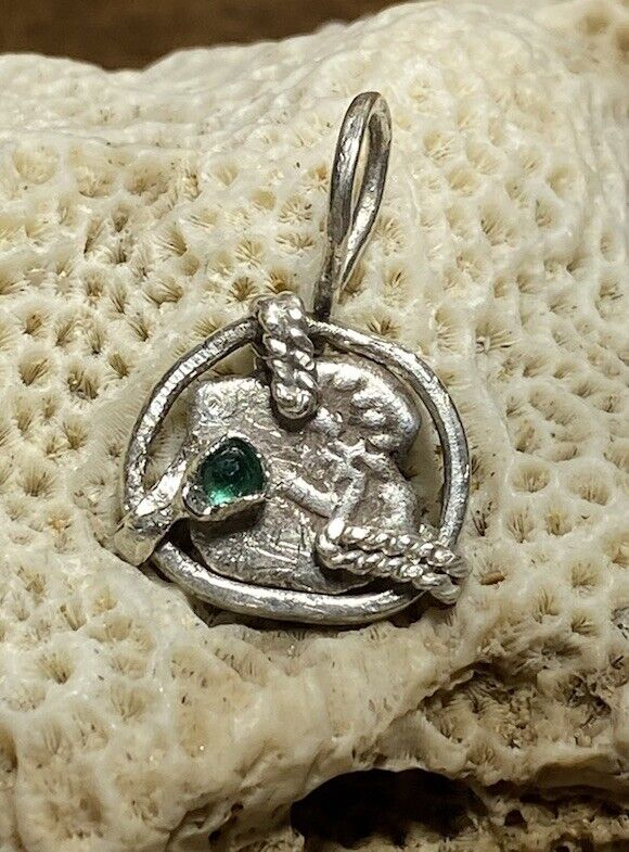Authentic Spanish-Colonial 1/2-Real Silver Shipwreck Cob Coin Pendant w/ Emerald