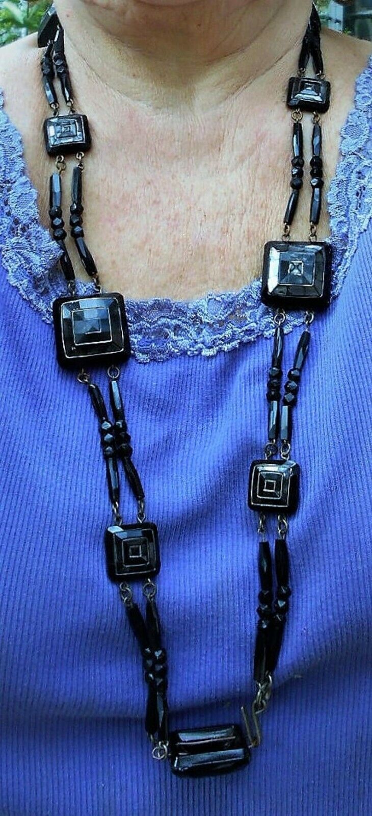 Black Jet Glass 38" necklace/BELT. Victorian 110 Beautiful Beads Handmade 1800s