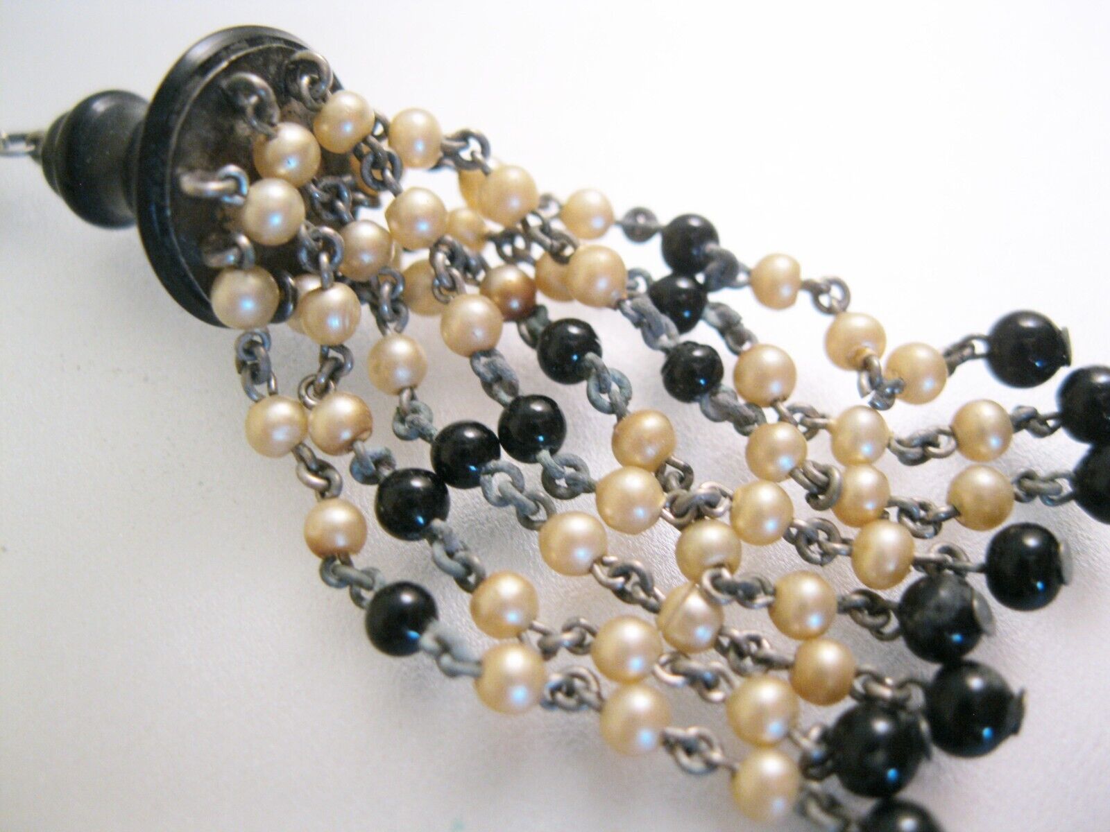 1800s Victorian Black Glass Sautoir Faux Seed Pearl Mourning Necklace w/Tassel