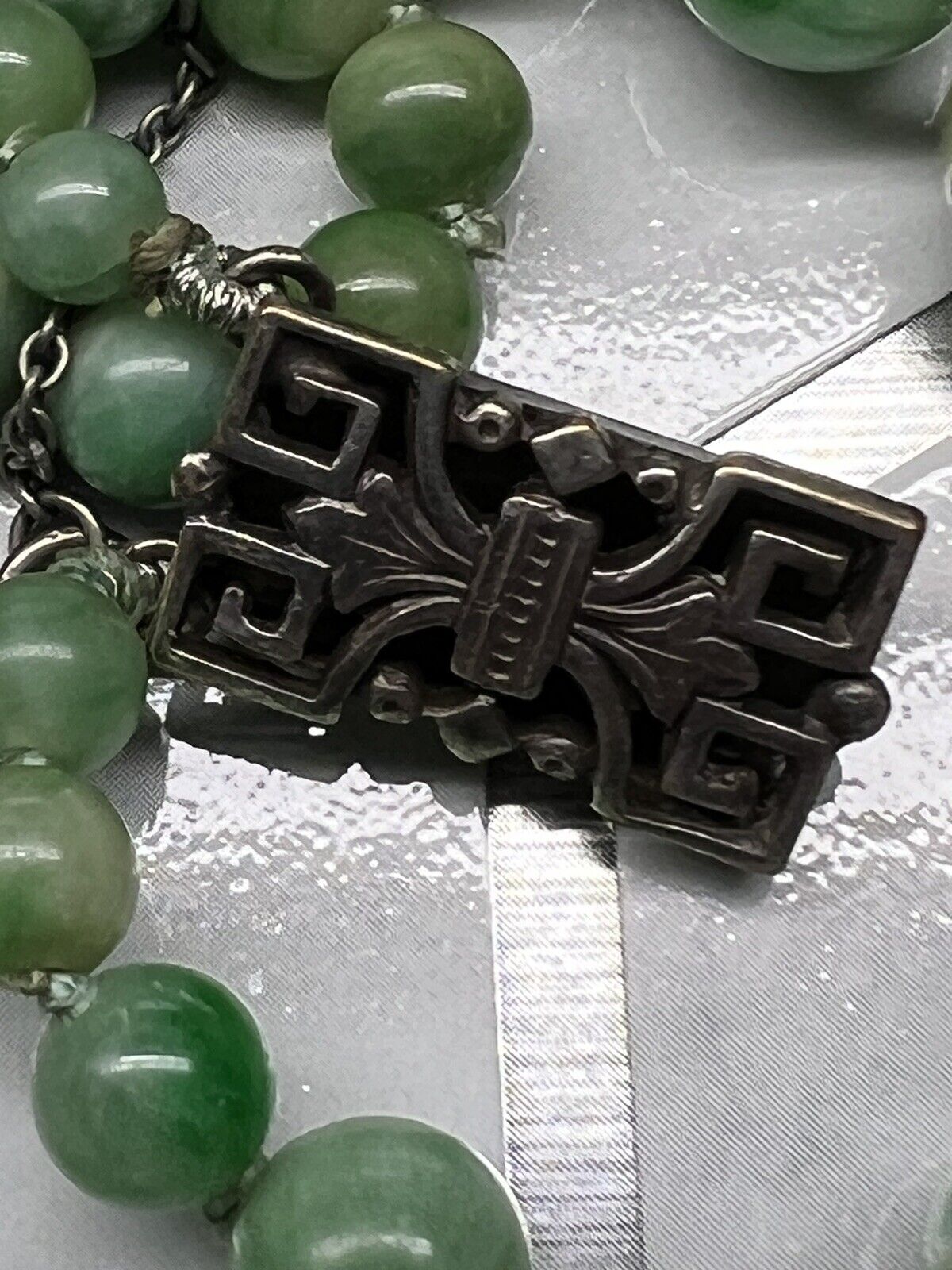 17 Inch 1800’s Applegreen Jadeite Graduated Double Strand Necklace 3.9 X 9.3 mm 