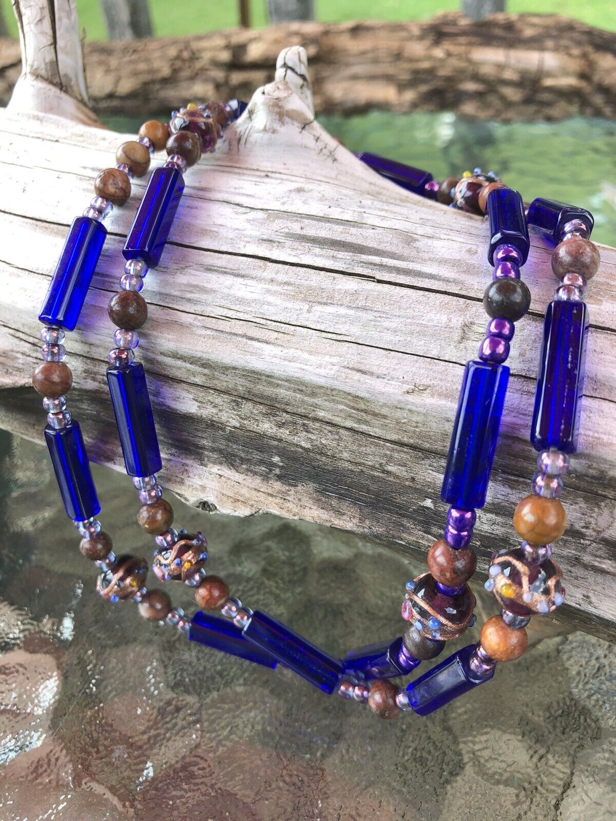 Vtg Art Glass Cobalt wedding cake Jasper Stone Necklace 1700s/1800s reenactment