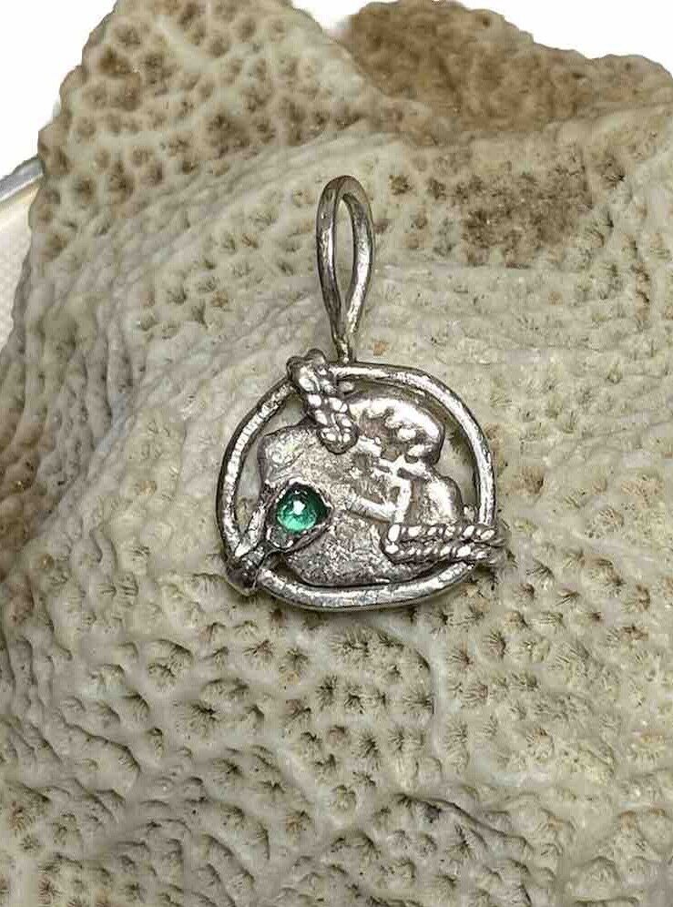 Authentic Spanish-Colonial 1/2-Real Silver Shipwreck Cob Coin Pendant w/ Emerald