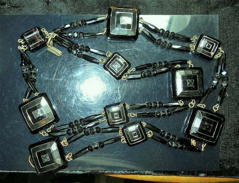 Black Jet Glass 38" necklace/BELT. Victorian 110 Beautiful Beads Handmade 1800s