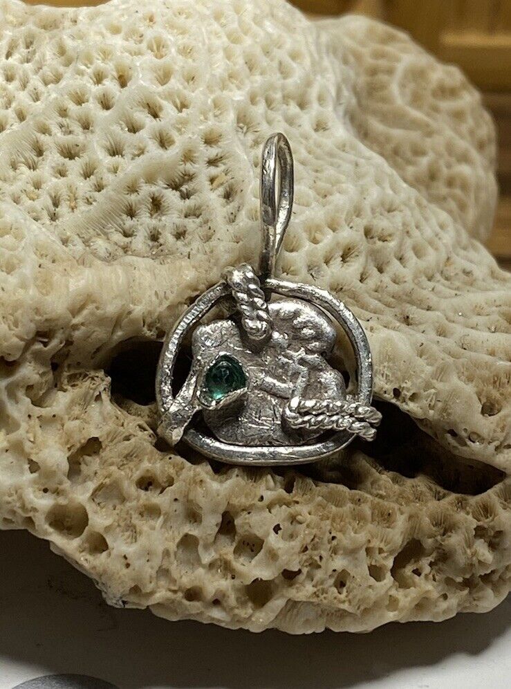 Authentic Spanish-Colonial 1/2-Real Silver Shipwreck Cob Coin Pendant w/ Emerald