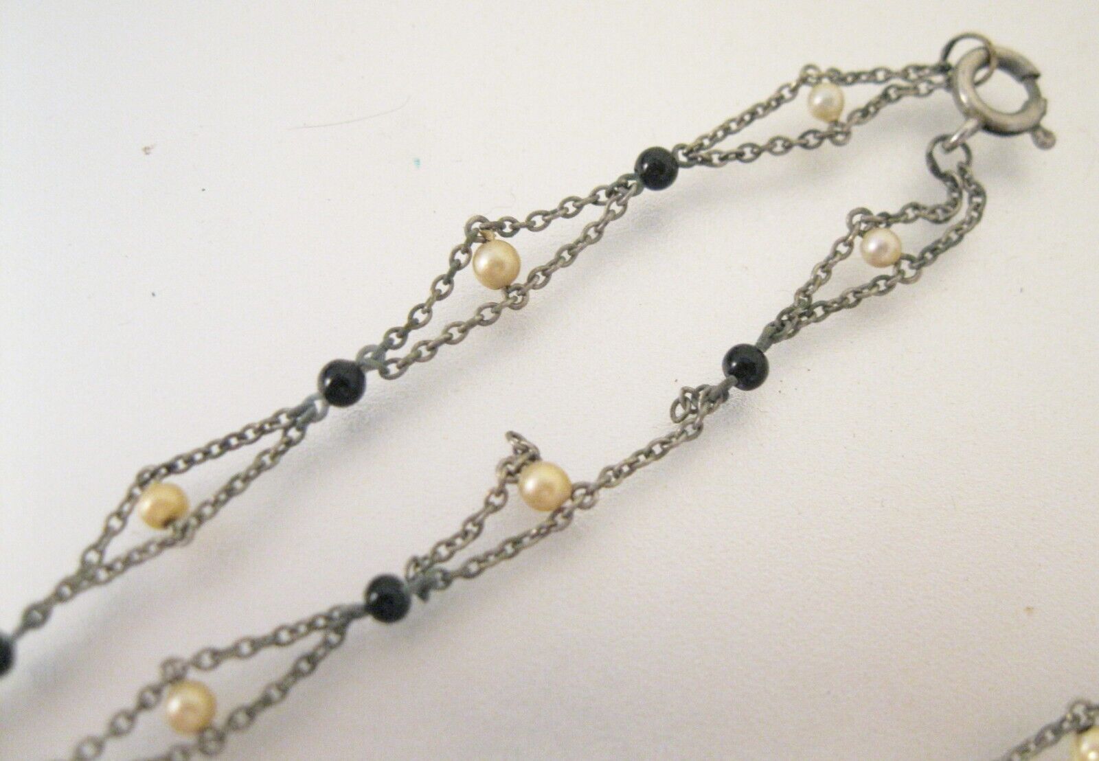 1800s Victorian Black Glass Sautoir Faux Seed Pearl Mourning Necklace w/Tassel
