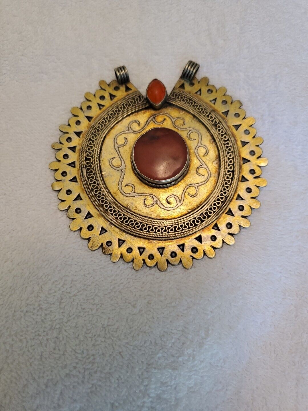 Ant 1800s Turkoman Agate Carnelian Silver Gold Wash Large Pendant Turkmen Tribal