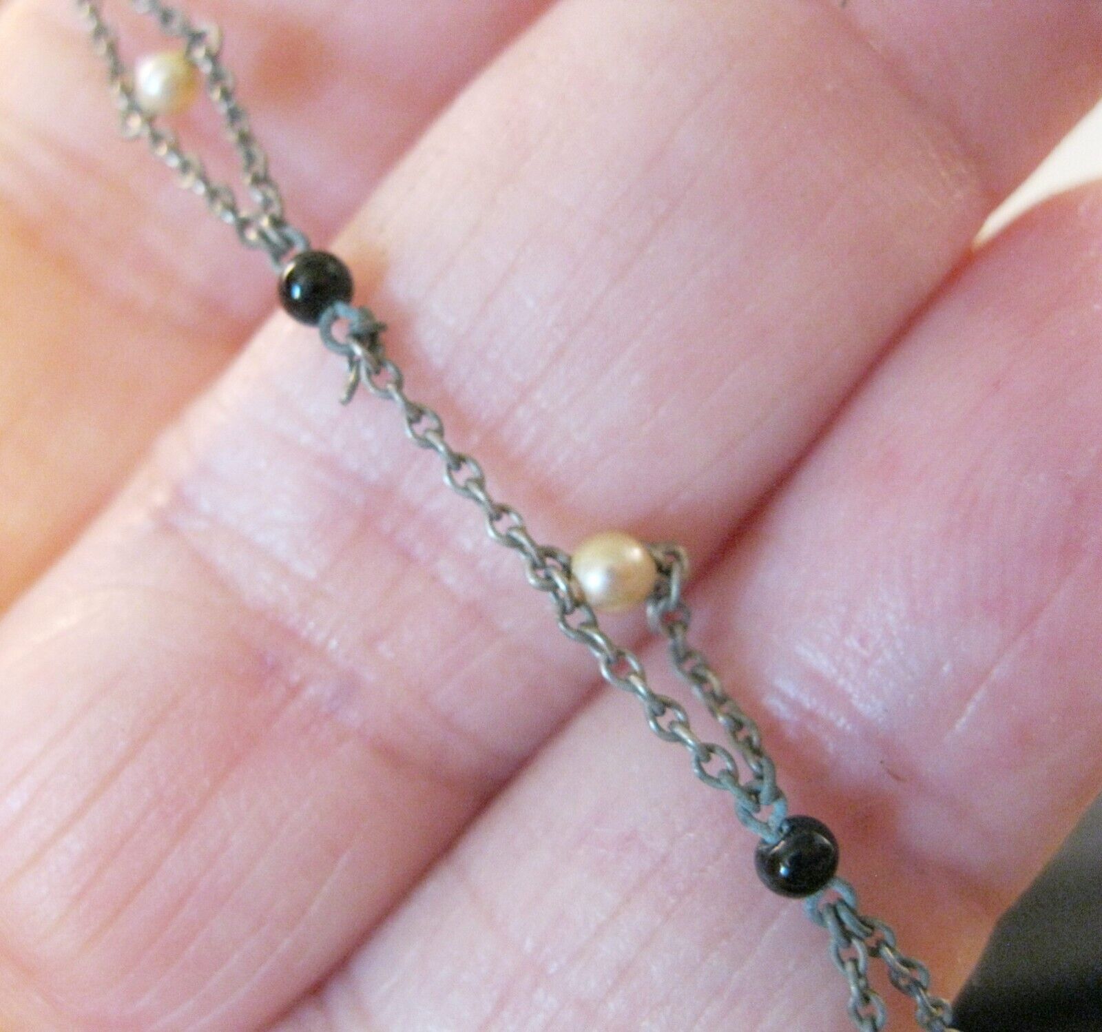 1800s Victorian Black Glass Sautoir Faux Seed Pearl Mourning Necklace w/Tassel