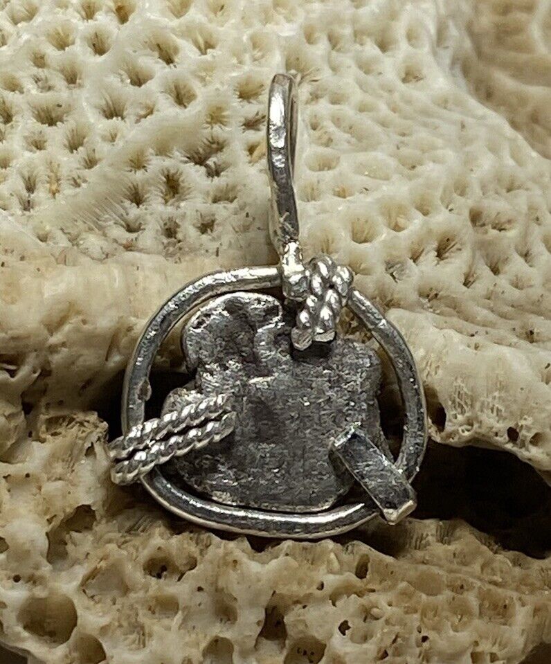 Authentic Spanish-Colonial 1/2-Real Silver Shipwreck Cob Coin Pendant w/ Emerald