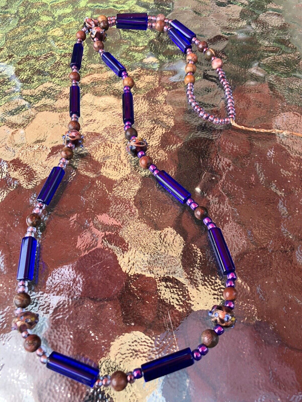 Vtg Art Glass Cobalt wedding cake Jasper Stone Necklace 1700s/1800s reenactment