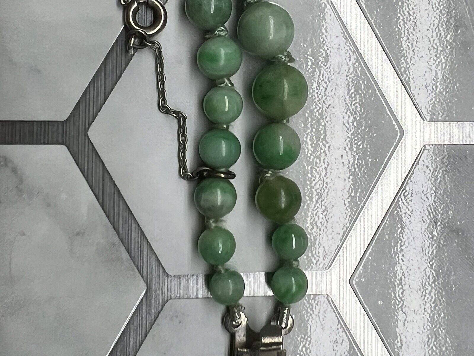 17 Inch 1800’s Applegreen Jadeite Graduated Double Strand Necklace 3.9 X 9.3 mm 