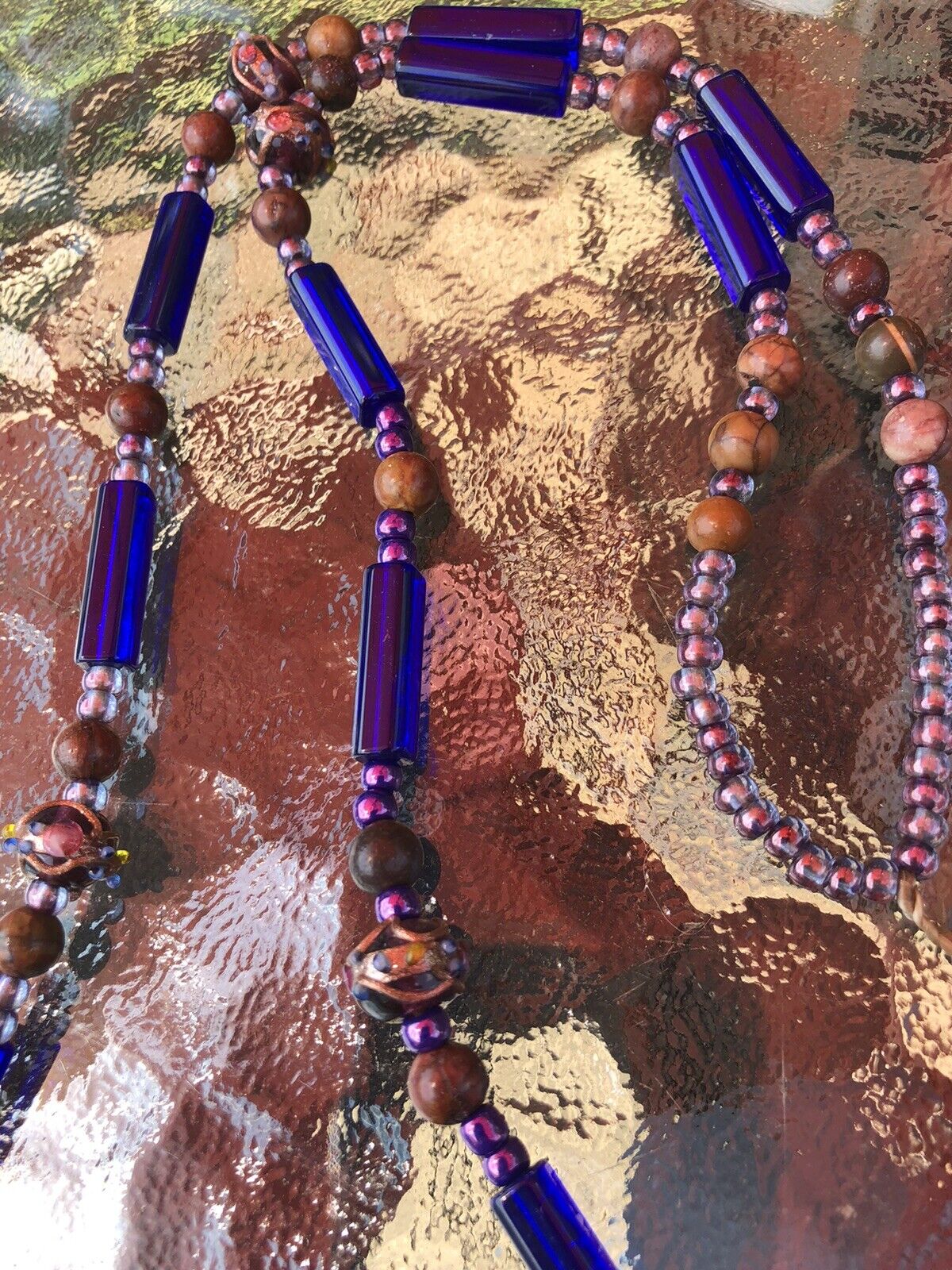 Vtg Art Glass Cobalt wedding cake Jasper Stone Necklace 1700s/1800s reenactment