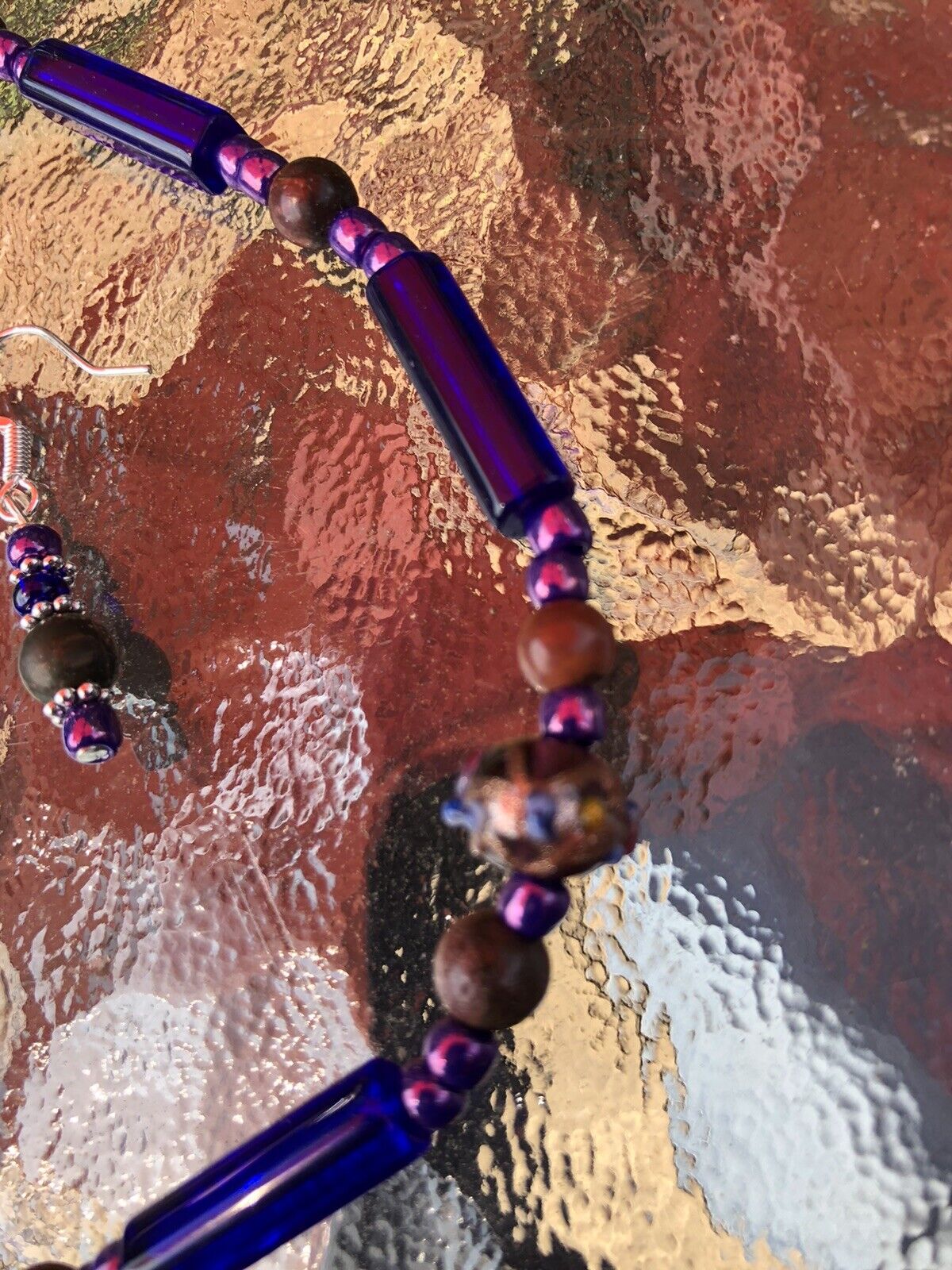 Vtg Art Glass Cobalt wedding cake Jasper Stone Necklace 1700s/1800s reenactment