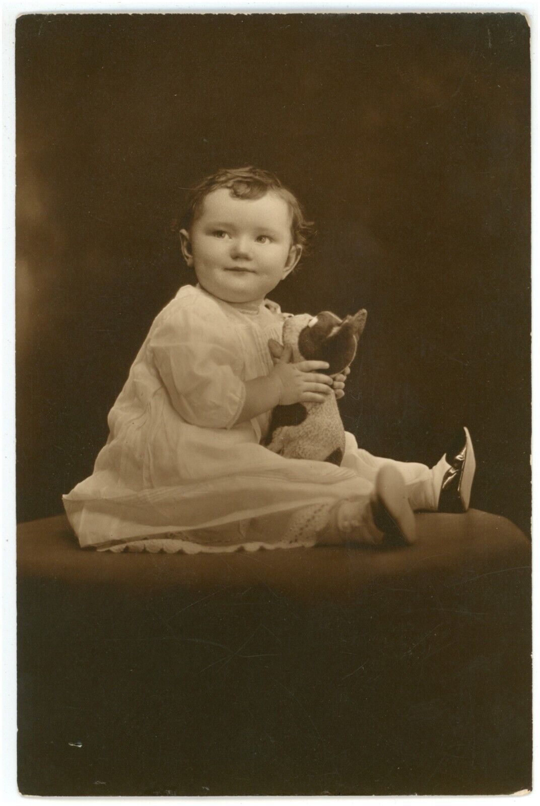 Antique Circa 1900s Photo Print of Adorable Little Girl in Dress With Toy Cat