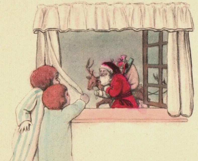 Merry Christmas Santa Claus Postcard 1900s Antique Reindeer Sack of Toys