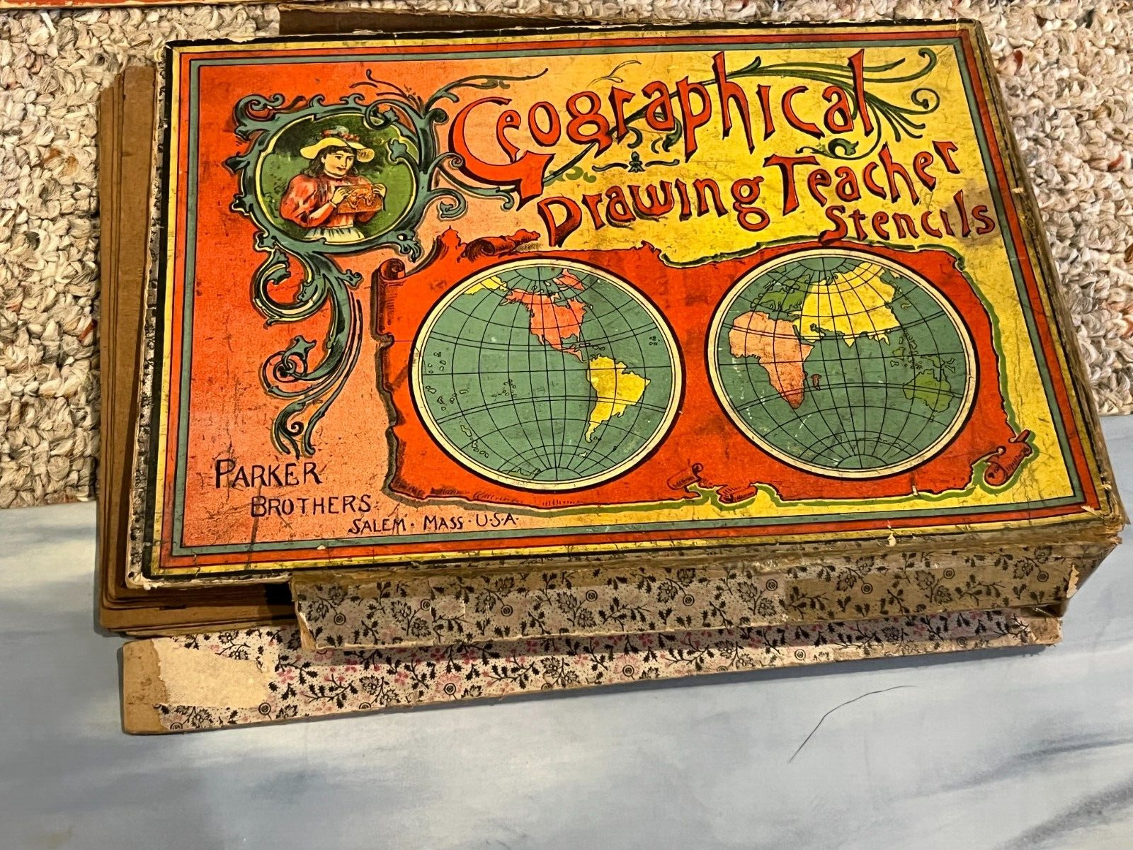 1900 Parker Brothers GEOGRAPHICAL DRAWING TEACHER STENCILS  IN BOX