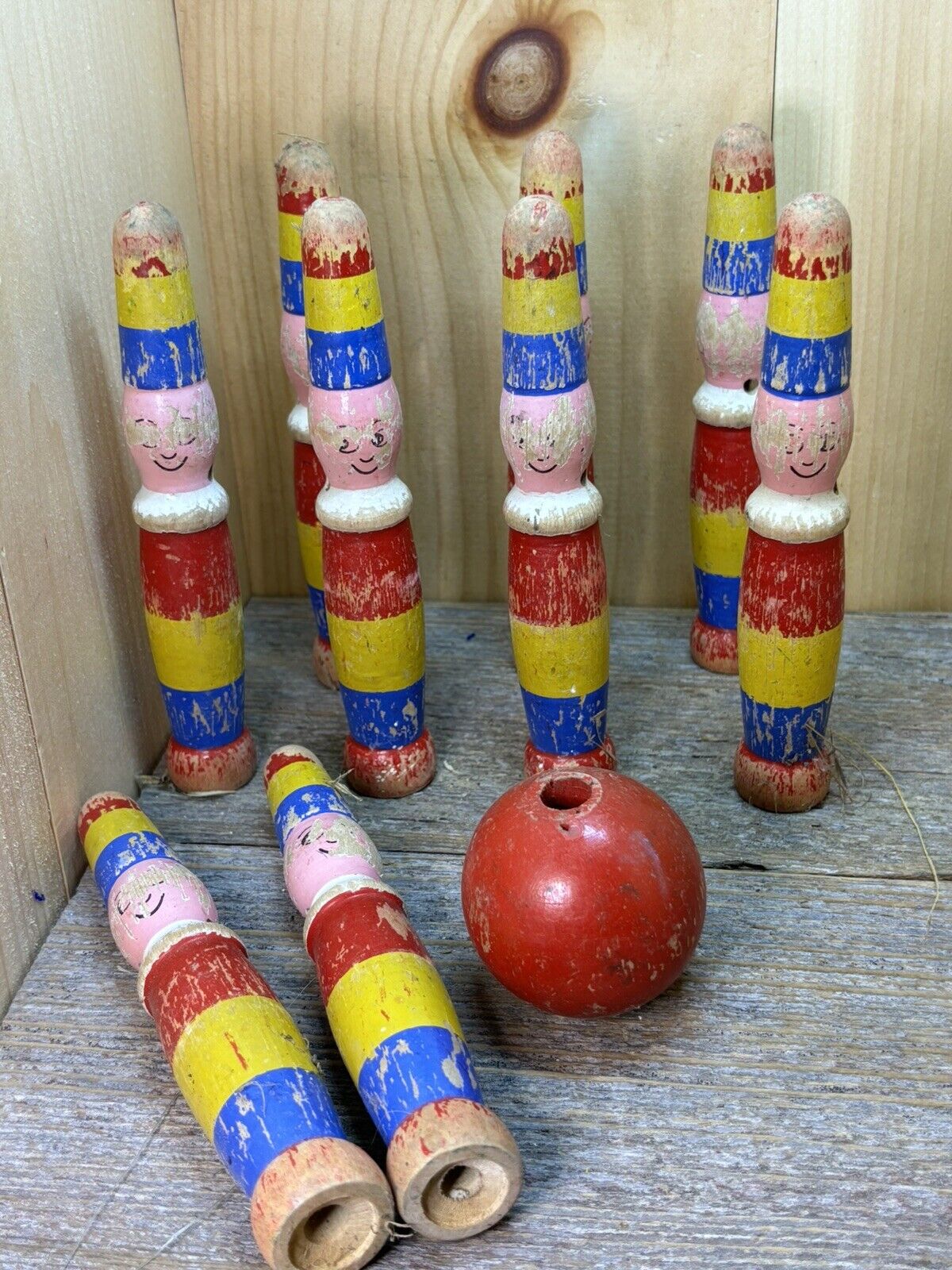 Antique Set of 9 Wooden Skittles / Game Complete Hand Painted