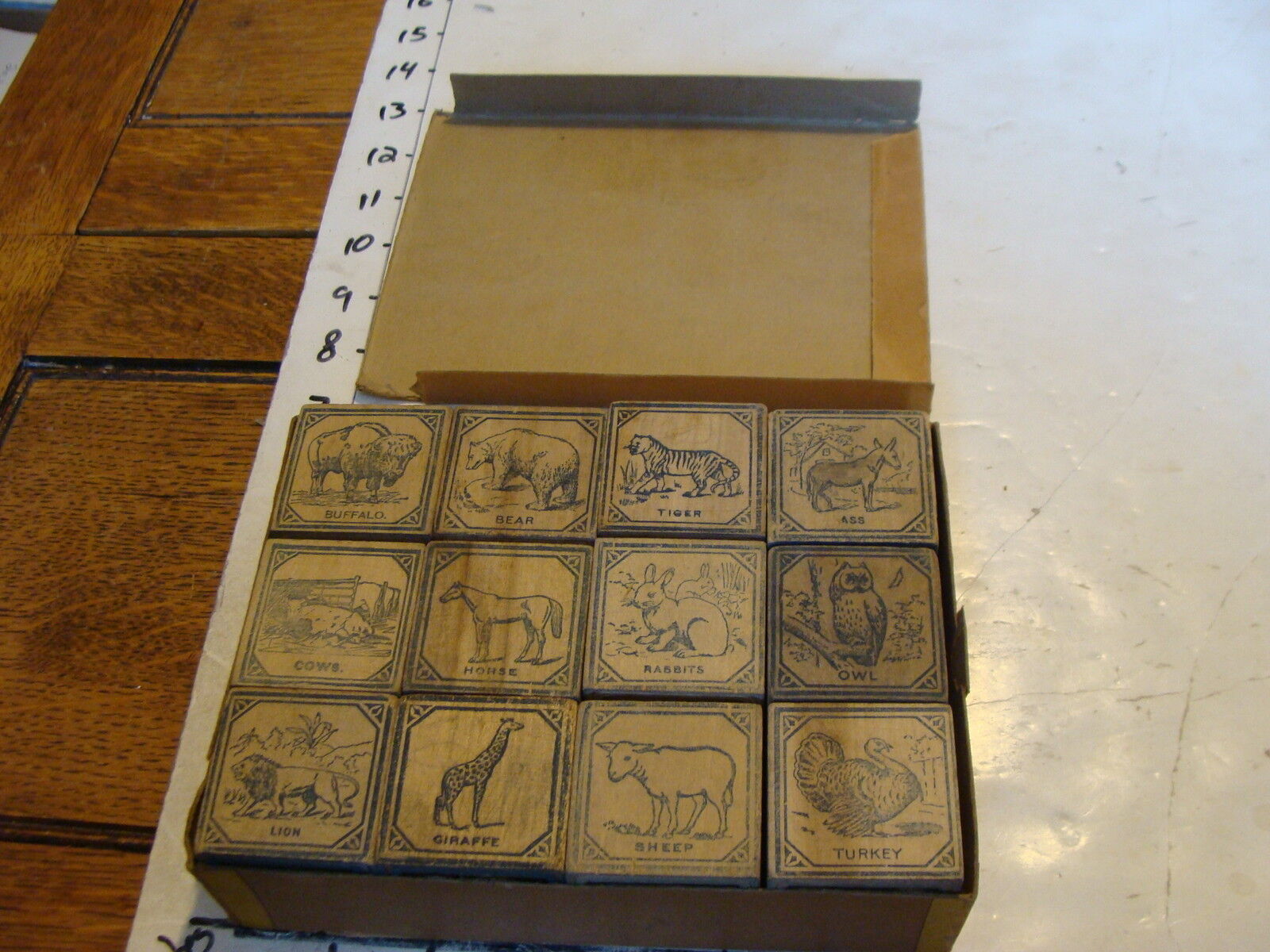 Early set of Embossed ALPHABET BLOCKS in box, set of 12, early 1900's