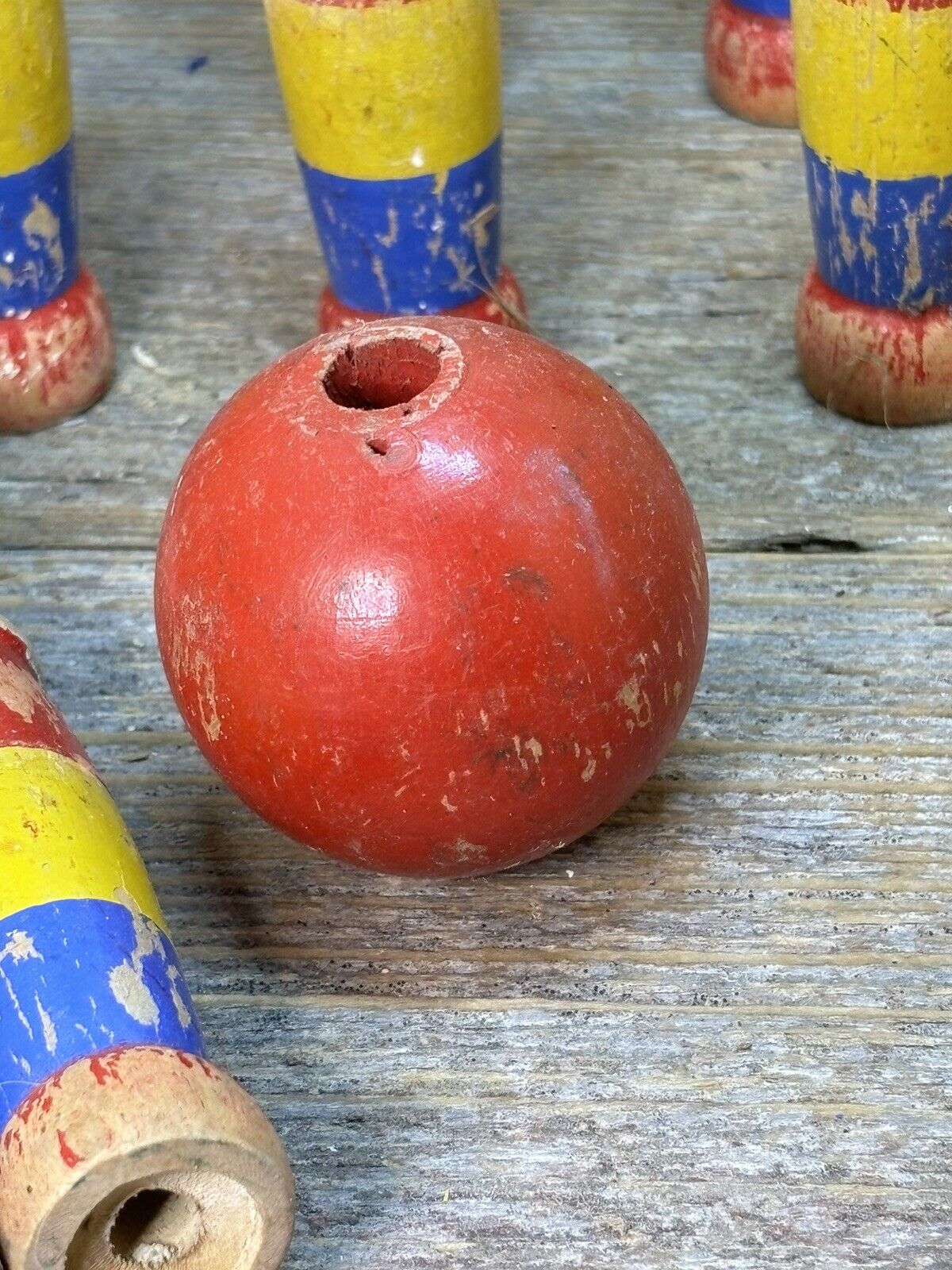 Antique Set of 9 Wooden Skittles / Game Complete Hand Painted