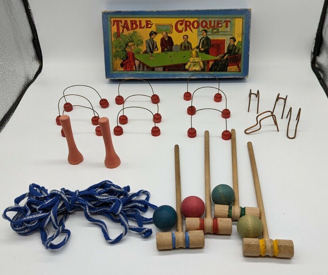 Antique Table Croquet Tabletop 4333 complete wood early 1900s cardboard box