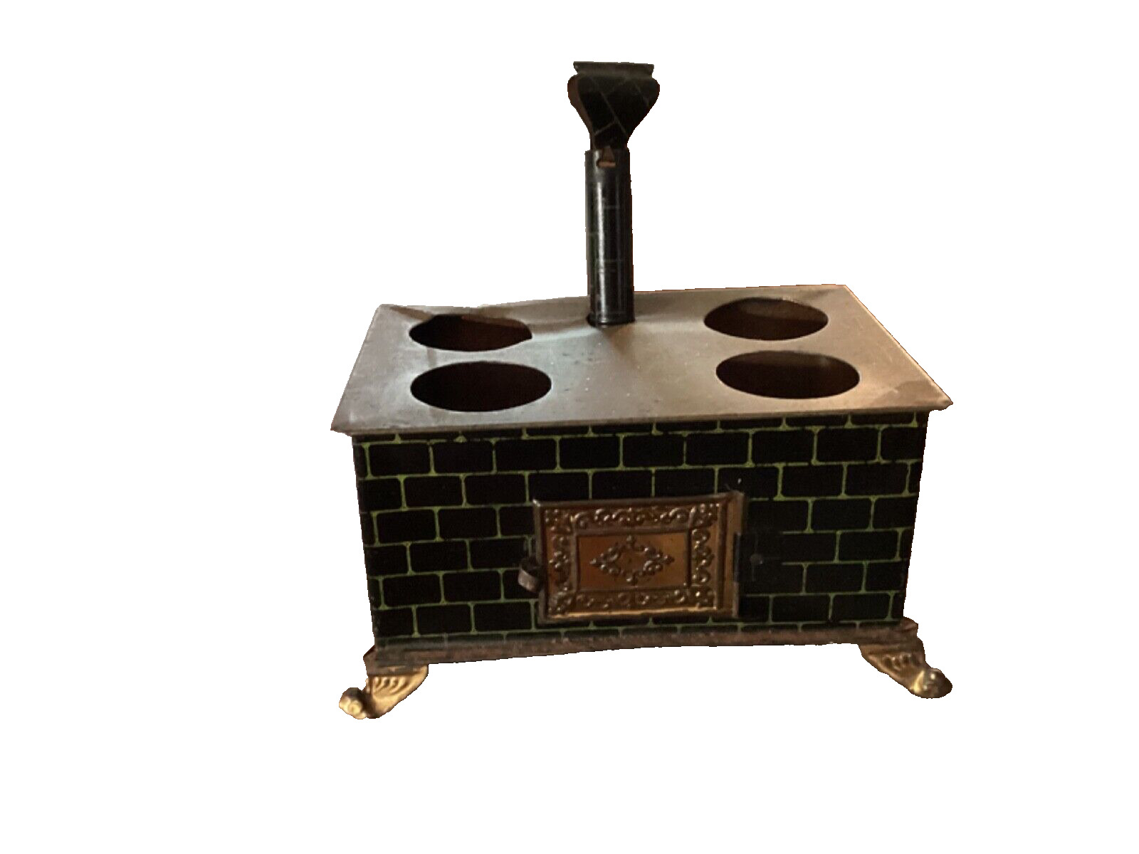 EARLY 1900’s VICTORIAN LITHOGRAPH TIN CHILDS TOY WOOD COOK STOVE WITH CHIMNEY