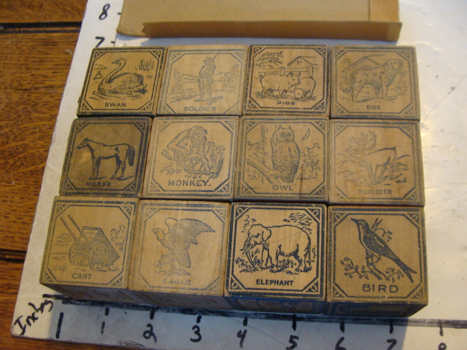 Early set of Embossed ALPHABET BLOCKS in box, set of 12, early 1900's
