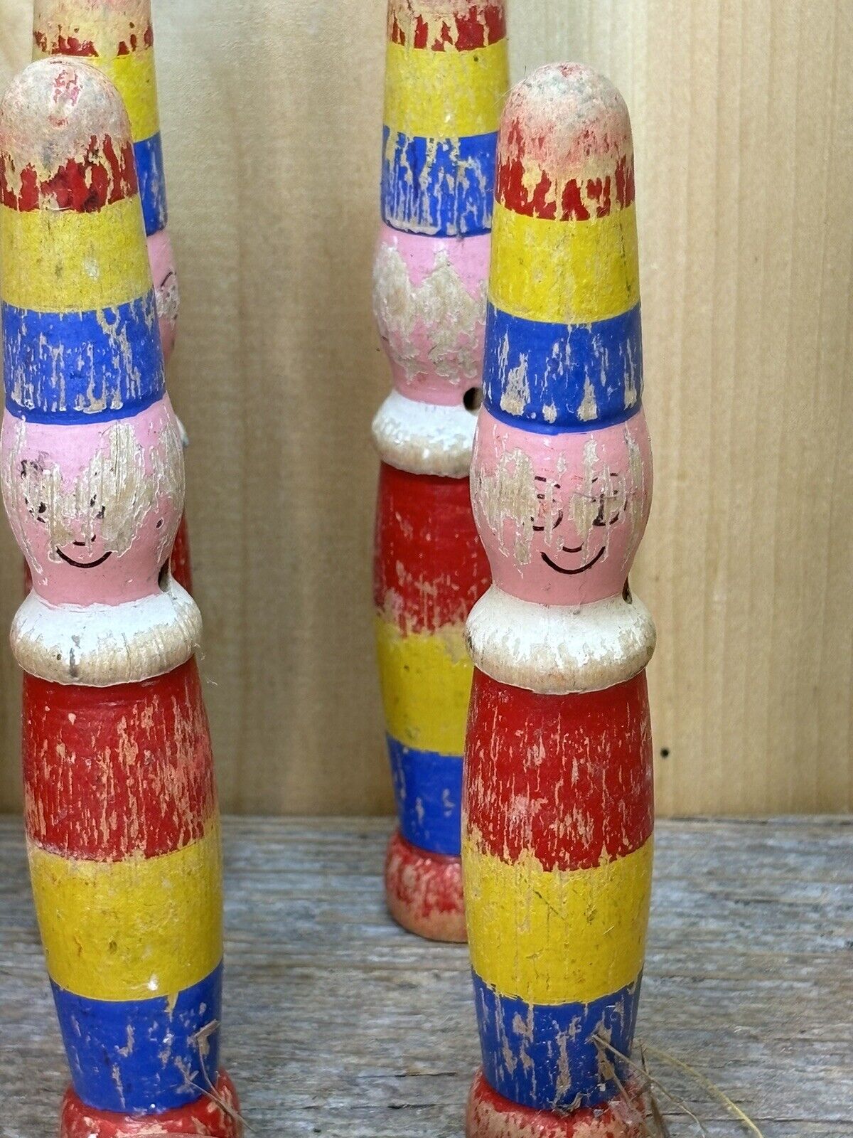 Antique Set of 9 Wooden Skittles / Game Complete Hand Painted