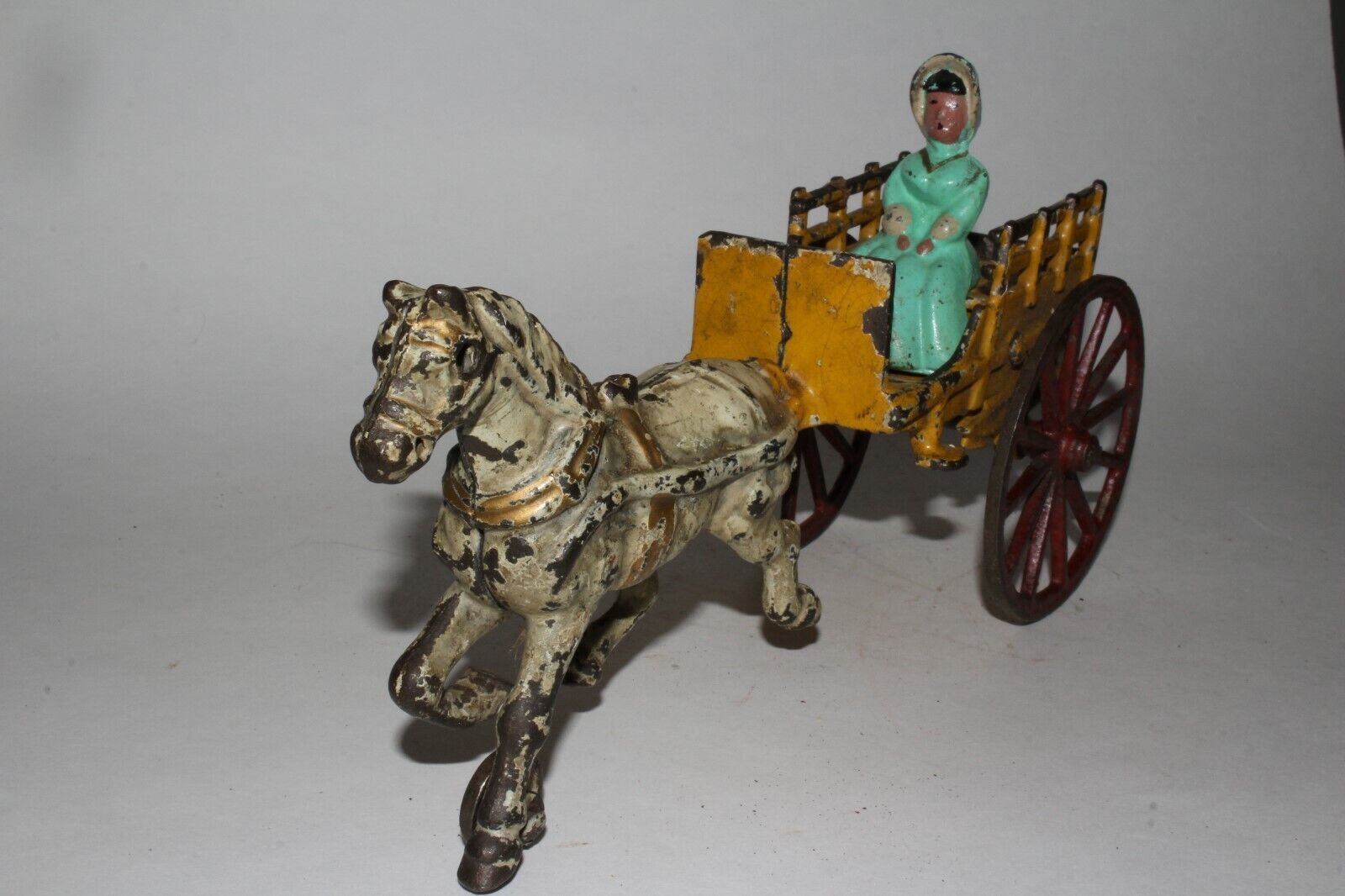 Early 1900's Cast Iron Horse Drawn Buggy with Woman Driver, Original