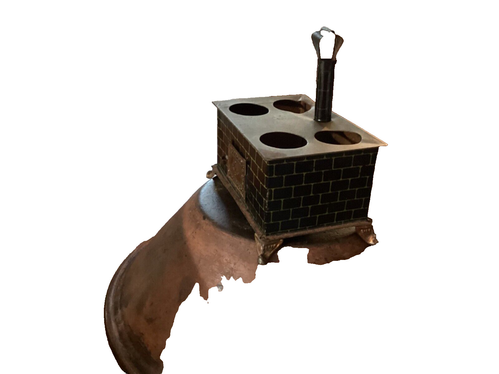 EARLY 1900’s VICTORIAN LITHOGRAPH TIN CHILDS TOY WOOD COOK STOVE WITH CHIMNEY