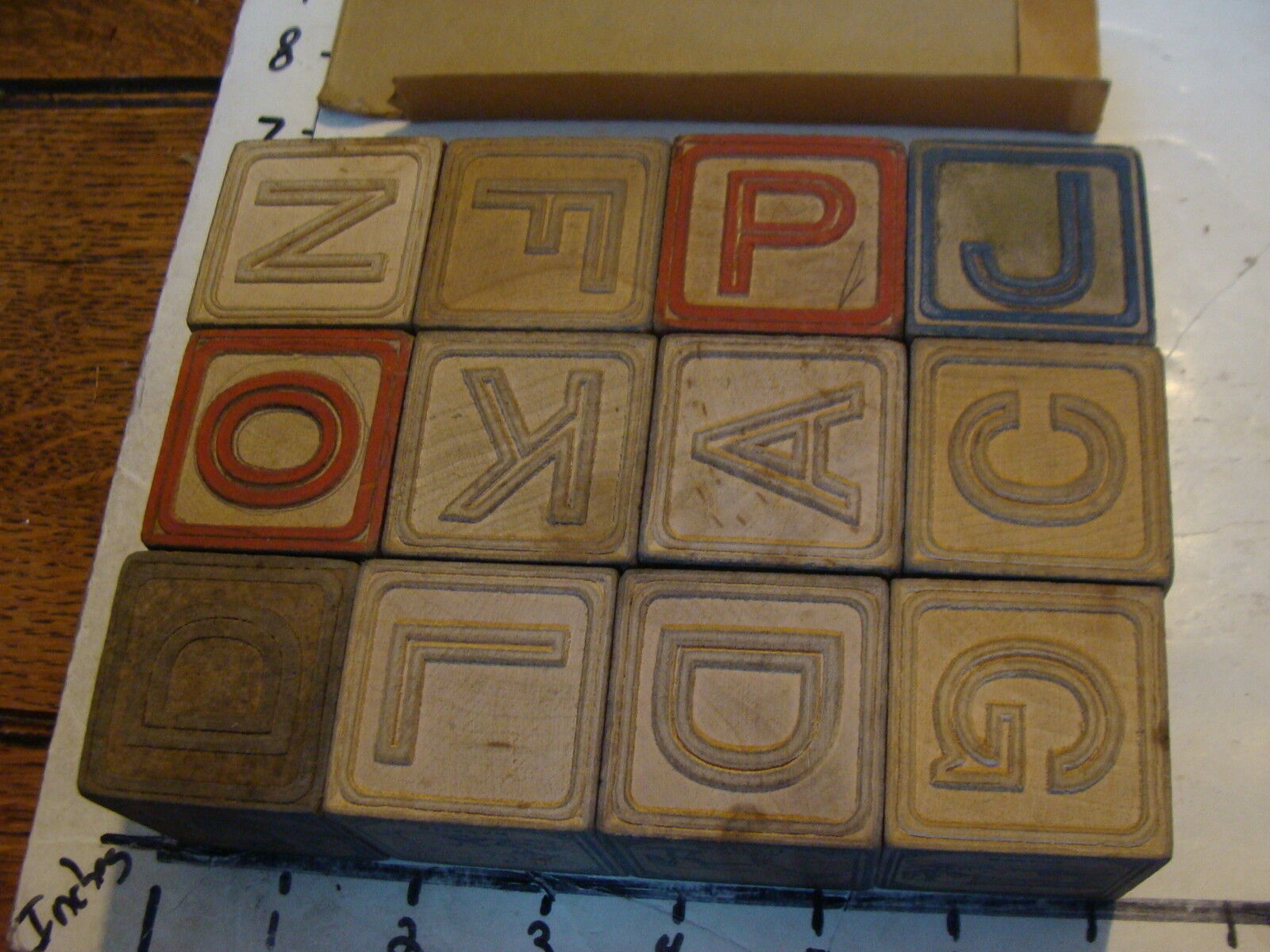 Early set of Embossed ALPHABET BLOCKS in box, set of 12, early 1900's