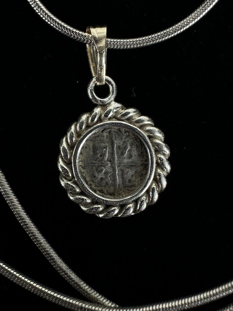 Antique 1500s/1700s Half Spain Reale Silver Coin Pendant Necklace 18”