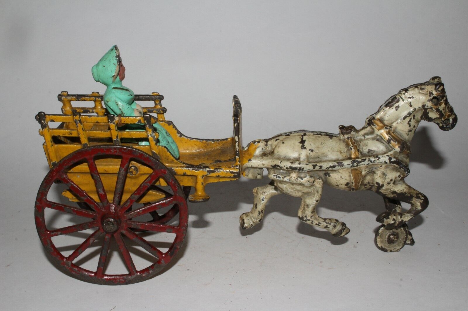 Early 1900's Cast Iron Horse Drawn Buggy with Woman Driver, Original