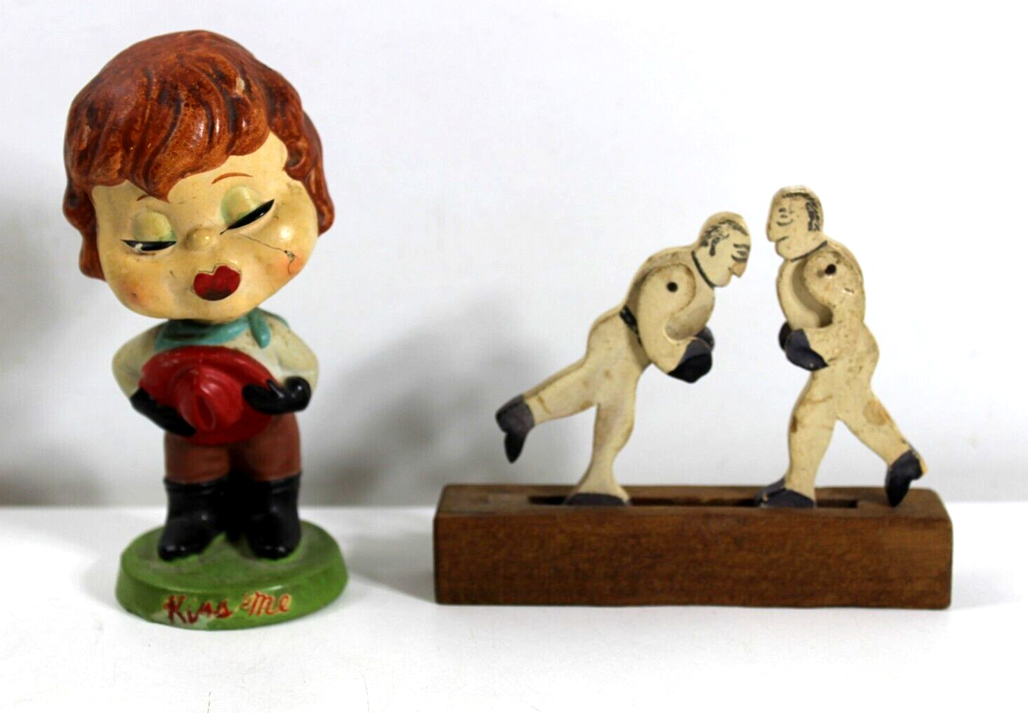 Lot of 2 Vintage Antique Toys Kiss Me Lucy and Wooden Boxer fighter 1900s toy