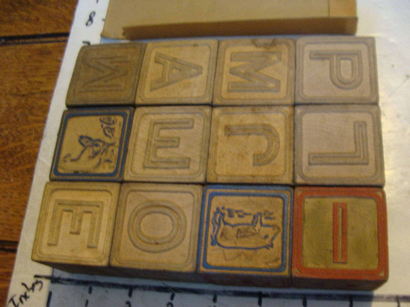 Early set of Embossed ALPHABET BLOCKS in box, set of 12, early 1900's