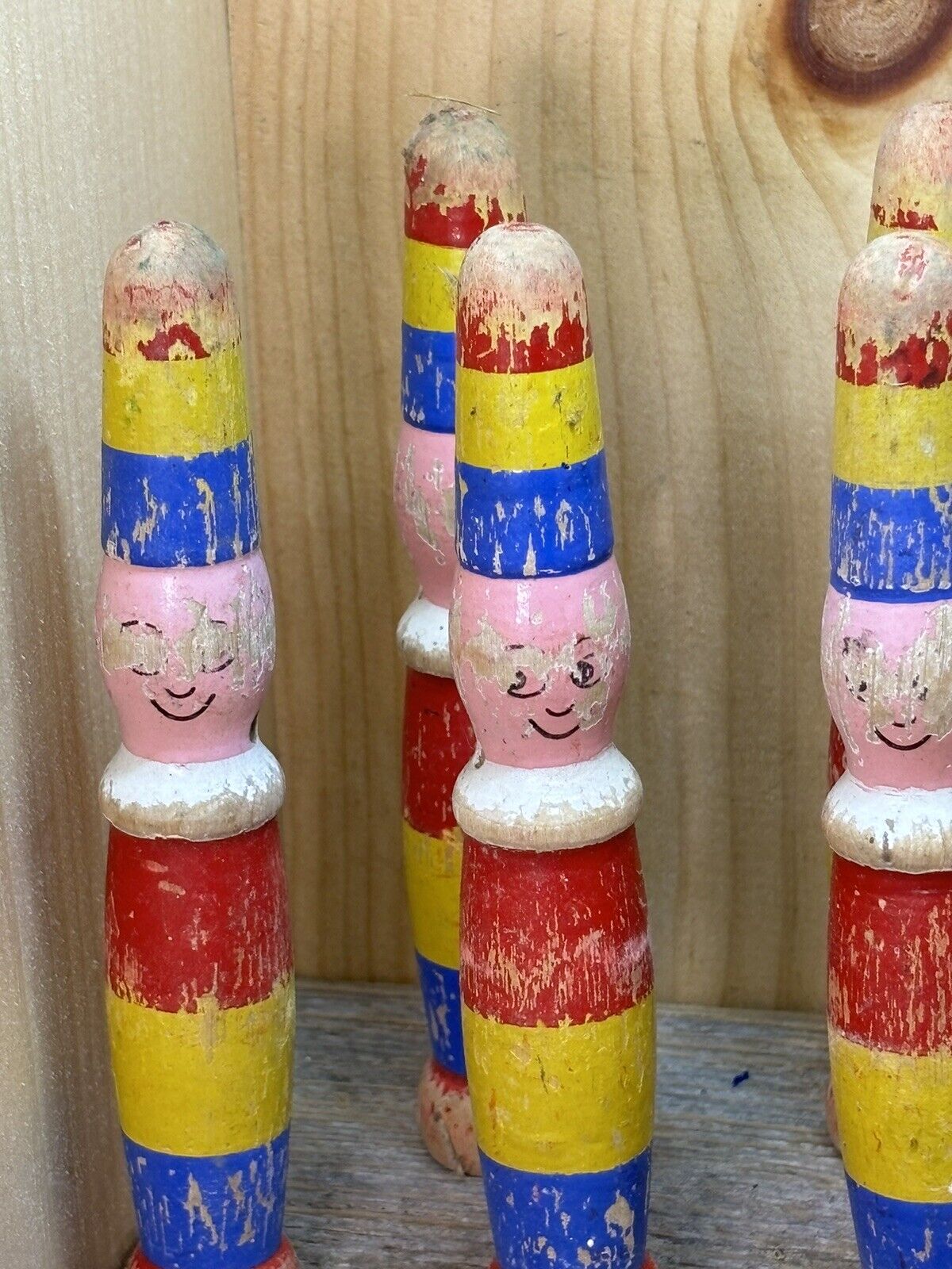 Antique Set of 9 Wooden Skittles / Game Complete Hand Painted